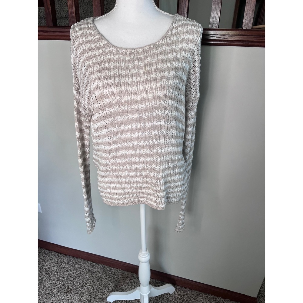 360SWEATER Womens Medium Beige White Striped Open Knit Cotton Sweater Top